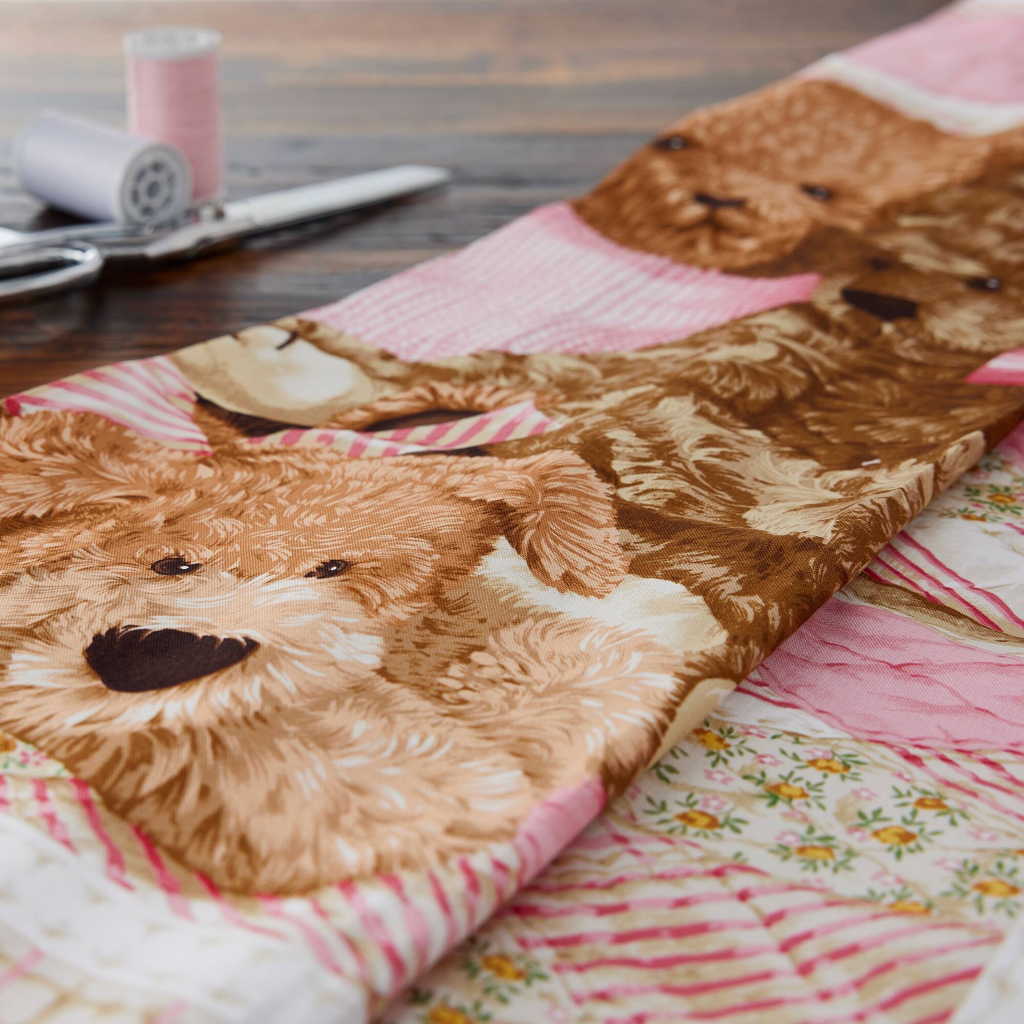 Fabric Traditions Pink Teddy Bear Toss Panel Cotton Fabric